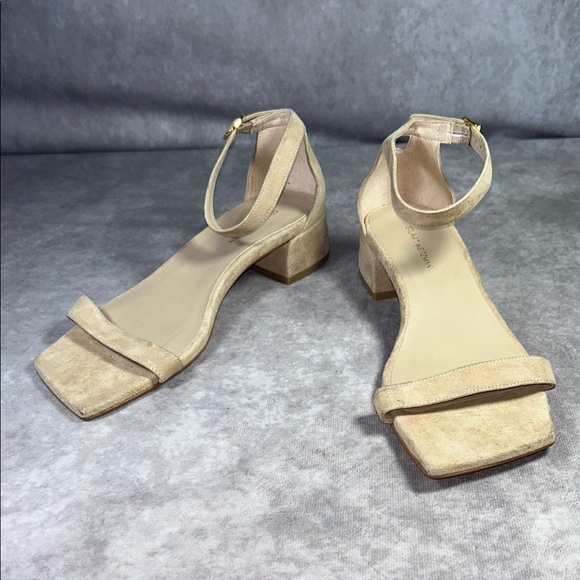 EUC Stuart Weitzman Elegant Tan Women's Sz US 9 Block Heel Sandals Nude Suede - Picture 1 of 14